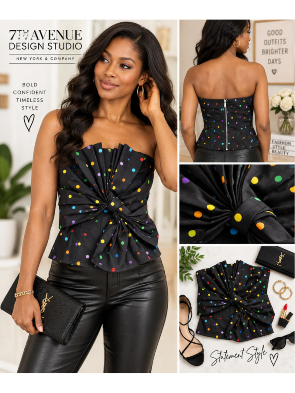 7th Avenue Design Studio Black Rainbow Polka Dot Bow Strapless Top M NWT